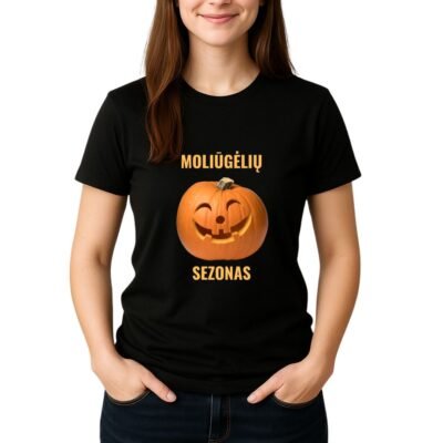 „Moliūgėlių sezonas“ marškinėliai su besišypsančiu moliūgu – rudens nuotaikai