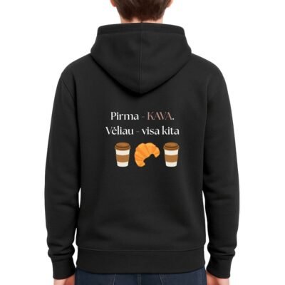 Juokingas džemperis su tekstu „Pirmiau – kava“ – dovana kavos mylėtojui